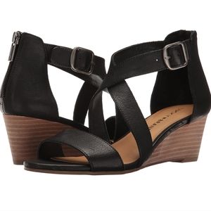 Black Leather Lucky Brand Women's Jenley Wedge Sandal Size 8